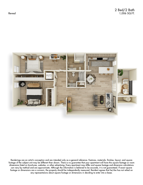 Floor plan for 2 beds, 2 baths, 1006 sqft